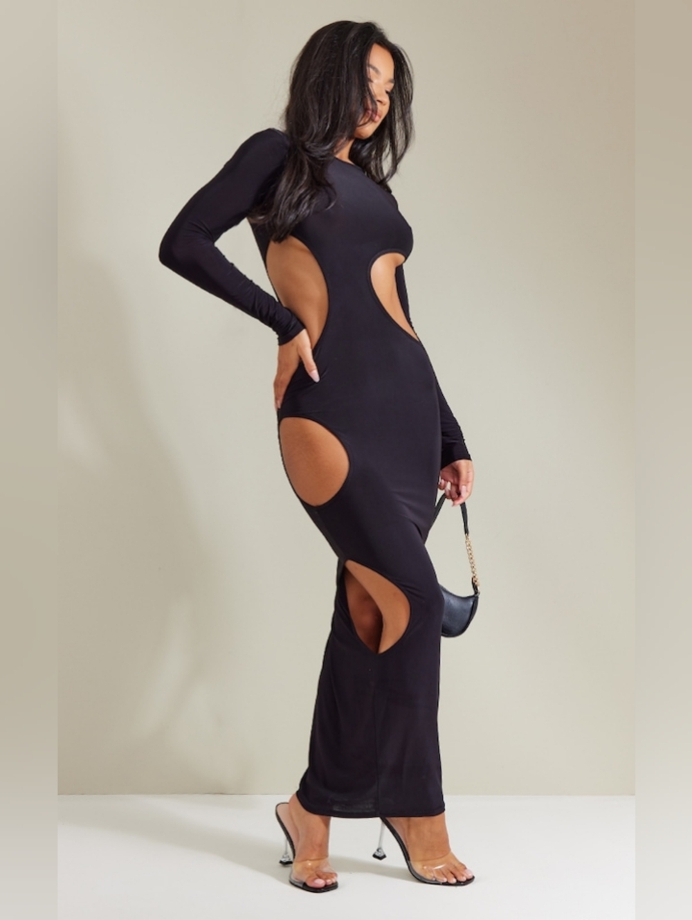Akira Full Length Long Sleeve Black Maxi Dress - Bodycon Keyhole Side Cut-Outs - Picture 2 of 9